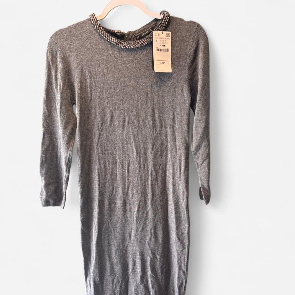 NWT Zara Knit Embellished Collar Dress | Large | Gray Chain Detail
